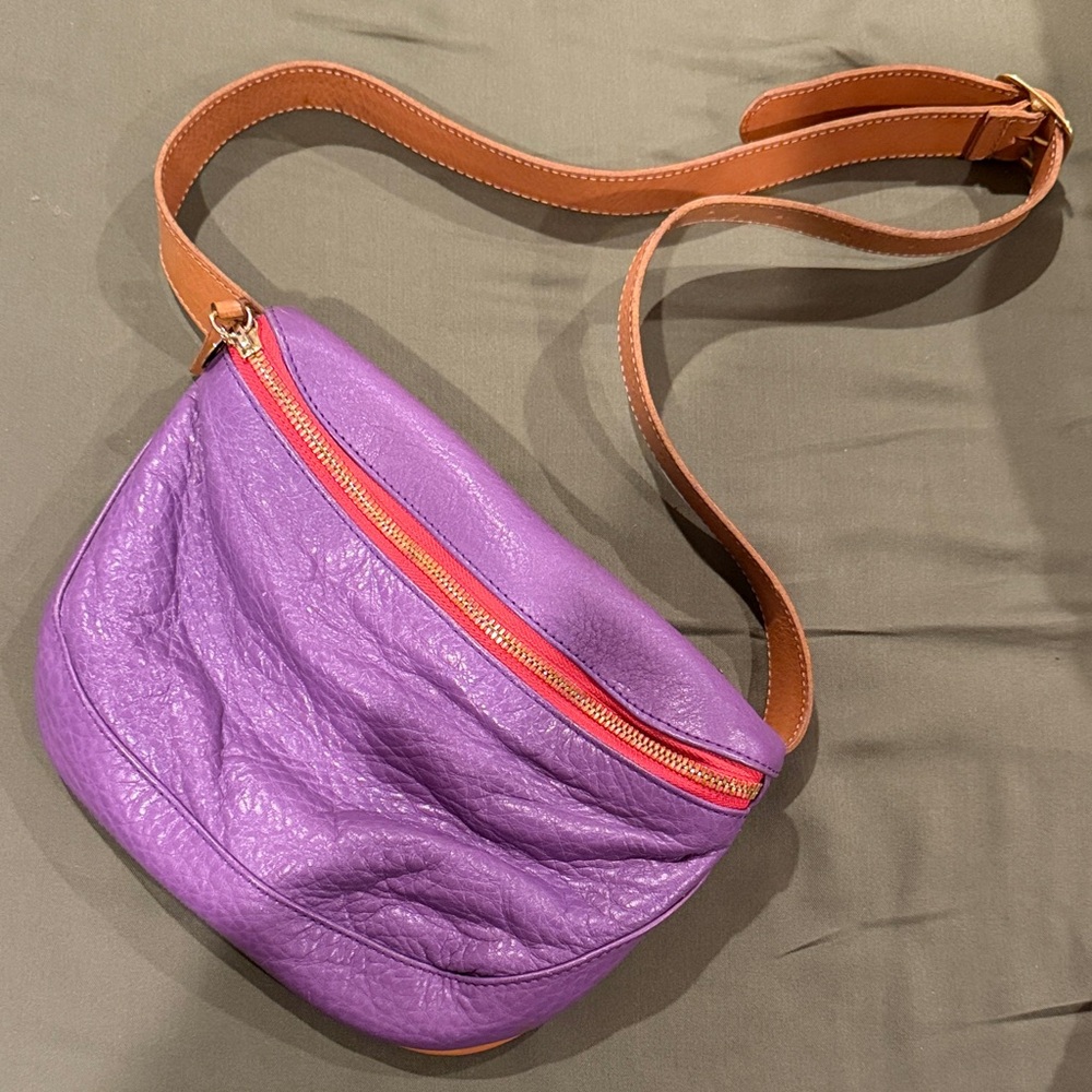 Rare Clave V Purple Leather Crossbody Bag with Tan Strap and Coral Zipper